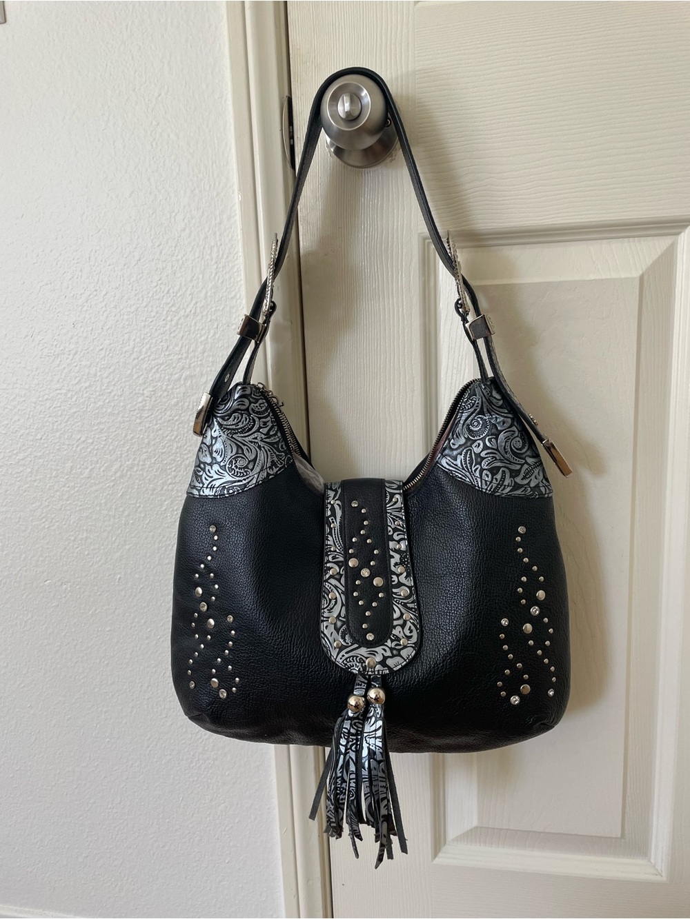 Black Studded Shoulder Bag with Buckle details